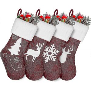 Bas de No&euml;l,ensemble 4 pi&egrave;ces 18.5 &laquo; ,Chemin&eacute;e en lin brod&eacute; avec poignets moelleux,d&eacute;corations de No&euml;l - Neuf