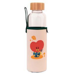 Gourde En Verre 500ml R&eacute;utilisable Motif Tata Avec &Eacute;tui Line Friends Bt21 Blanc / Vert - Neuf