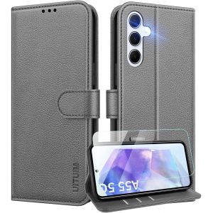 KAL-Coque Pour Samsung Galaxy A55 5G Coque Etui Portefeuille Cuir Avec Verre Tremp&eacute; Protection &Eacute;cran Porte Carte Rabat Clapet Flip Case &Eacute;tui Cover Housse Etui Pour Samsung Galaxy A55 5G,Gris - Neuf
