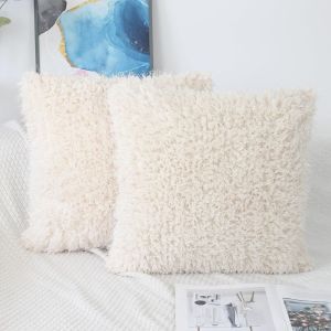 Slep-Lot De 2 Housses De Coussin Carrées En Fausse Fourrure Douce Et Moelleuse - 40 X 40 Cm - Beige - Neuf