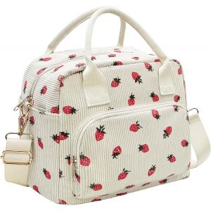 TIANYI-Grand sac à déjeuner isotherme pour homme et femme en velours côtelé doux et réutilisable pour le travail, le pique-nique, la plage (baies beiges) - Neuf