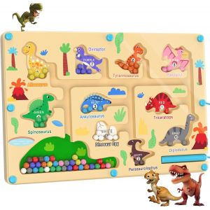 KAL-Jouet Labyrinthe Magn&eacute;tique Enfant, Jeux Montessori 3 Ans En Bois Apprendre Les Couleurs Jeu De Comptage Dinosaure, Jeux Aimants Magnetique Pour Tout-Petits Gar&ccedil;ons Filles, Cadeau Pour 3 4 5 6 An - Neuf