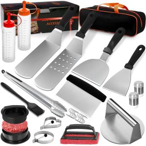 Ulteronixshop-Kit Complet de 27 Accessoires pour Plancha Barbecue en Acier Inoxydable Solide, Inclut Presse &agrave; Steak, Diff&eacute;rentes Spatules et Un Sac Pratique, Id&eacute;e Cadeau pour Amateurs de Cuisine et - Neuf