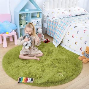 Shaggy Tapis &Agrave; Poils Longs Pour Chambre D'enfant,Rond,Tapis De Salon,Haute Qualit&eacute;,Facile D'entretien,Tapis De Sol Pour L'int&eacute;rieur,Pour Filles, Gar&ccedil;ons Et Enfants,Vert,153x153 Cm - Neuf