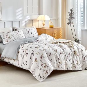 Sjzg-Parure De Lit 4 Pi&egrave;ces En Microfibre Avec Housse De Couette, 2 Taies D'oreiller, 1 Drap-Housse, Motif Branches Botaniques Et Branches Botaniques, Blanc - Neuf