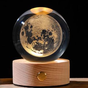 Boule De Cristal 3d Système Solaire - Veilleuse Led Multicolore Avec Base En Bois - Lampe Lumineuse Modèle Solaire - Neuf