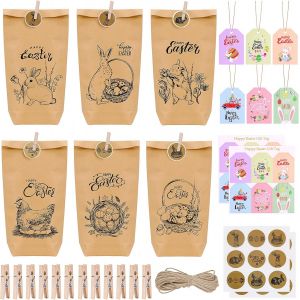 Tianyi-Lot De 12 Sacs Cadeaux De Pâques En Papier Kraft À Remplir Avec Clip En Bois, Autocollants De Pâques Et Corde De Chanvre, Sacs De Pâques Pour Enfants, Bricolage, Cadeaux - Neuf