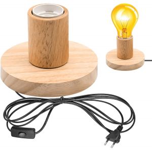 Kal-Lampe De Bureau Douille E27 Avec Interrupteur Câble, Lampe De Table E27 En Bois Et Plastique, Base En Bois Eu-Plug E27, Parfaite Pour Chambre À Coucher, Salon, Bureau (Sans - Neuf
