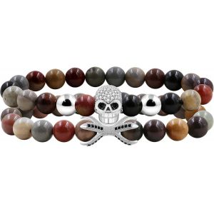 2pcs Bracelet &Eacute;lastique Cr&acirc;ne Gothique Avec Jasper Des Usa,Bracelets &Agrave; Deux Couches Pour Hommes Et Femmes,Bijoux Halloween Pour Mari Et Femme Ya5150 - Neuf