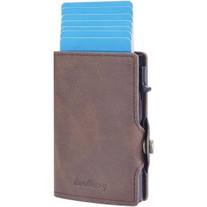 TRAHOO-Porte Carte Homme PU Portefeuille RFID Protege Carte Bancaire avec Bouton Poussoir Lat&eacute;ral Porte Feuille Interrupteur Magn&eacute;tique Card Holder Idee Cadeau Homme(Caf&eacute;) - Neuf