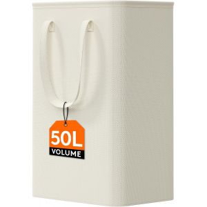 MEVRONISSHOP-Panier Linge Extra Plat, Panier &agrave; Linge Sale, Laundry Basket, Bac, Corbeille Linge Pliable avec Poign&eacute;es Allong&eacute;es pour Chambre, Salle de Bain, Buanderie, 50L, Blanc - Neuf