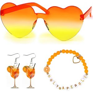 Kalhx-Lot De 3 Cadeaux Aperol Pour Femme,1 Bracelet,1 Paire De Boucles D'oreilles En Verre À Vin Et 1 Paire De Lunettes En Forme De C?Ur Orange,Costume D'aperol Pour Femme,Cadeau Pour Carnaval,Cospla - Neuf