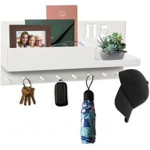 Cmwx-Porte-Cl&eacute;s Blanc Avec 8 Crochets Et &Eacute;tag&egrave;re - &Eacute;tag&egrave;re Murale Pour Porte-Cl&eacute;s - Pour Entr&eacute;e Salon, Couloir, Cuisine, Bureau - Neuf