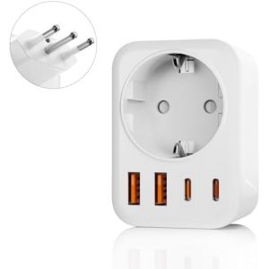 KALANKA-Adaptateur de Voyage 5 en 1 Pour l'Italie, Avec 1 Prise Secteur, 2 ports USB-C et 2 ports USB-A (3,4 A), Prise de Voyage 3 Broches Pour le Chili, l'Uruguay, l'&Eacute;thiopie, l'&Eacute;rythr&eacute;e et la Syrie - Neuf