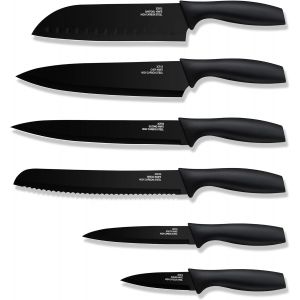 Oayew-Lot De 6 Couteaux De Cuisine En Acier Au Carbone - Anti-Adh&eacute;sif - Avec Fourreau De Protection - Noir - Pour Couper/&Eacute;plucher - Inoxydable Et Facile &Agrave; Nettoyer - Neuf