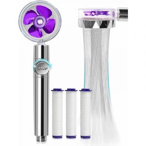 Pommeau de douche à main(Violet), pomme de douche anticalcaire à économie d'eau, pomme de douche à hélice haute pression, système de filtration en 3 étapes avec 3 filtres en coton PP remplaçables - Neuf