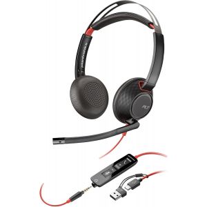 MEVRONISSHOP-Micro-casque filaire Poly Blackwire 5220 &iquest; Perche microphone antibruit flexible &iquest; Conception ergonomique &iquest; Connexion &agrave; un PC/Mac, t&eacute;l&eacute;phone portable via USB-C, USB-A ou prise Jack 3,5 mm - Neuf