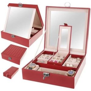 Boîte À Bijoux Dame Rouge - Beautylushh Bordeaux Avec Miroir, Clé Et Couvercle Amovible Pour Bagues, Montres, Bracelets - Neuf