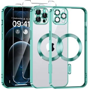 Eryi-Coque Magnétique Pour Iphone 12 Pro Max Avec 2 Pièces Verre Trempé, Compatible Avec Magsafe, Résistante Aux Rayures, Résistante Aux Chocs, Mince Et Transparente, Vert - Neuf