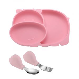 Assiette À Ventouse Rose Pour Bébé, Couverts En Silicone Pour Bébé, Bol D'apprentissage À Ventouse Pour Bébé, Assiette Pour Bébé Antidérapante Avec Cuillère Et Fourchette Pour Bébé, Sans Bpa - Neuf