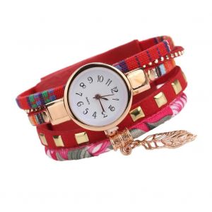Duoya Femmes Feuille Pendentif Multicouche D&eacute;coration Bracelet Montre-Bracelet Montre Habill&eacute;e (Rouge) - Neuf