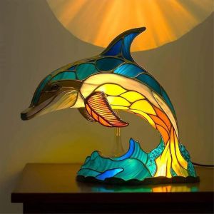 (Dauphin) Lampe De Table En Forme D'animal Chaud, Veilleuse En Verre Teinté, Lampe De Bureau Rétro, Cadeau De Noël - Neuf