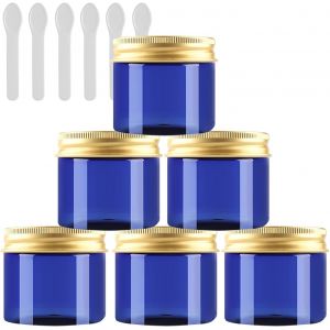 6 Pi&egrave;ces Vides Petit 50 ml Bleu Cosm&eacute;tique Pot en Plastique avec Couvercle Or 50 g Pots de Cosm&eacute;tique Cr&egrave;me de Bouteille Contenant avec 6x Spatules - Neuf