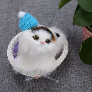 Adorables chats dans un panier en peluche, jouets en peluche, poupee de simulation de chaton avec chapeau bleu sonore - Neuf