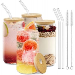 Verre À Cocktail 500ml Avec Couvercle Et Paille Verre Longdrink Pour Matcha,Bière,Smoothie,Whisky,Café Glacé,Soda,Jus (4pcs) - Neuf