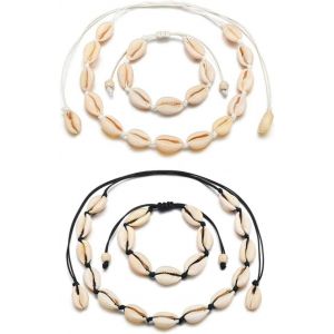 Kal-4pcs Naturel Collier Tour De Cou En Coquille De Cauris Avec Perle Réglable À La Main Cordon Ajusté Choker De Coquillages Collier Ensemble Bijoux Cadeau Dames Pour Les Vacances D'été,Noir/Blanc - Neuf