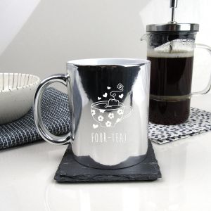 Eryi-Mug À Café Argenté Brillant Gravé ¿ Design « Four Tea » ¿ Tasse À Thé De 350 Ml ¿ Cadeau D'anniversaire Pour Femme, Fille, Quatrième Anniversaire Pour Maman, Amie, S?ur, Tante - Neuf