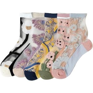 5 Paires Chaussettes Transparentes Femme Léger Respirant Chaussette Transparente Femme Motif Floral En Maille Flower Socks Taille Unique Pour À Porter.[C2811] - Neuf