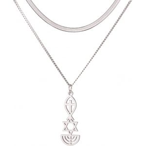 Kal-Collier Sceau Messianique Sceau Messianique De Jérusalem Collier Pendentif Etoile De David, Ichthus Avec Croix, Menorah, Collier Etoile Juive Bijoux Religieux Hanukkah - Neuf