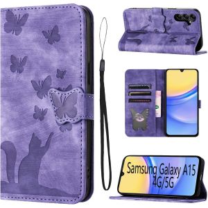 Kal-Housse Protection Pour Samsung Galaxy A15 Matériau En Cuir Pu Coque Samsung A15 Avec Fentes Pour Cartes Étui Motif Papillon Chat Coque Galaxy A15 Violet - Neuf