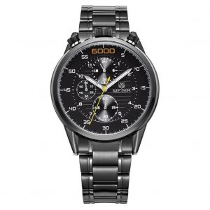 Megir À La Mode Hommes Étanche Montre Analogique À Quartz Montre-Bracelet (Bracelet En Acier Noir Cadran Noir) - Neuf