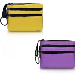 CAUC-2 Pi&egrave;ces Petit Porte Monnaie Femme avec 3 Poches Zipp&eacute;es et Porte-Cl&eacute;s, Portefeuille Femme en Toile, Petite Pochette Tissu pour Carte Monnaie Cl&eacute; (Jaune + Pourpre) - Neuf