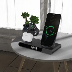Chargeur Sans Fil Rapide Multifonctionnel Avec Horloge Num&eacute;rique Led &Eacute;couteur Portable Montre Intelligente Station De Charge Noir - Neuf