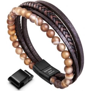 Eryi-Bracelet Homme, Bracelet Cuir Homme Bracelet En Pierre Naturelle Avec Fermeture Magnétique En Acier Inoxydable - Neuf