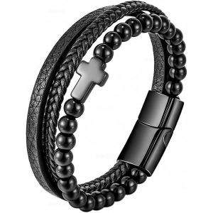Eryi-Bracelet Homme Cuir Perle: Bracelet Croix Chrétien Homme Cuir Tressé Multirang Perle Avec Boucle À Loquet - Cadeau Homme Fête Des Pères Anniversaire - Neuf
