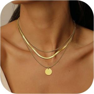 Asas-3 Pièces Collier Femme Chaîne Acier Inoxydable Chaîne Serpent Empilable Colliers Chaîne Délicate Set Collier Pendentif Zircon/Cercle/Disque Femme Or/Argent - Neuf