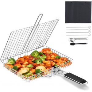 Ulteronixshop-Panier &agrave; Griller Poisson, Grille-Barbecue Inox Avec Sac de Rangement & Brosse, Pliable Et Portable, Grille Barbecue &agrave; Poign&eacute;e Amovible Pour Poisson, L&eacute;gumes, Steak, Crevettes, C&ocirc;tes - Neuf