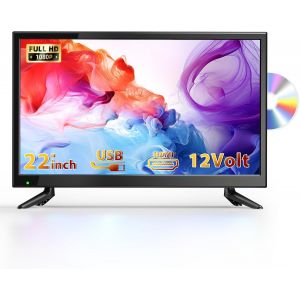 MEVRONISSHOP-22 Pouces Petit t&eacute;l&eacute;viseur Lecteur DVD int&eacute;gr&eacute;, 1080P Mini TV Tuner DVB-T2 Int&eacute;gr&eacute;, avec Antenne, entr&eacute;e HDMI/USB/AV, Combinaison TV-DVD 12V pour Camping-Cars, Cuisines et Petites pi&egrave;ces - Neuf