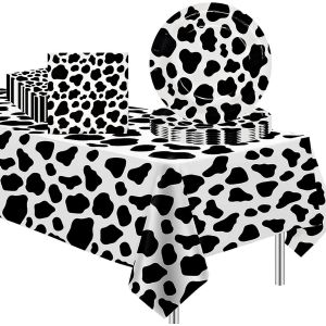 Eryi-37 Pièces Vaisselle Animaux De La Jungle En Papier Anniversairevache Thème Vaisselle Kit -16 X Assiette,20 X Serviettes,Nappe,Vaisselle De Fête Pour Enfants Anniversaire Theme Jungle Animaux - Neuf