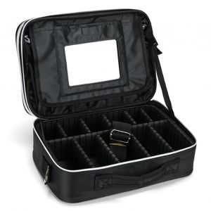 Trousse de maquillage portable a compartiments varies, sac de rangement en tissu Oxford avec poignee miroir, taille M, noir - Neuf