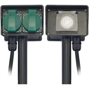 Garden Power Strip With Stake, Timer, 2 Sockets With French Earth (Type E), 2 Flaps, 1.5 M, 3G1.5, Ip44, Black/Green - Neuf