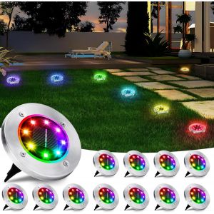 Lumière Solaire Extérieur, Lot De 12 Lampe Solaires Au Sol Décoration De Jardin 8 Led Etanche Spot Solaire Extérieur Éclairage Pour Chemins Pelouse Terrasse Cour, Rgb Changeant De Couleur - Neuf