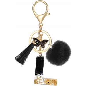 Kal-Porte Clé Lettre Avec Initiale, Porte Clef Alphabet Avec Pendentif Pompon Tassel Papillon Pour Femmes Filles, Charme De Porte Clés En Résine Noir Pour Clé De Voiture Sac À Main Décor - Neuf