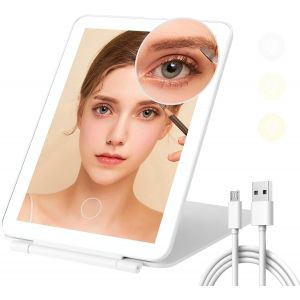Lighted Makeup Mirror, Dimmable And 3 Colour Modes, Rechargeable Led Makeup Mirror With 10x Magnifying Mini Mirror, Portable Folding Touch Travel Mirrors (White) - Neuf