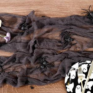 Trahoo-Chemin De Table Halloween Cheesecloth Avec 12 Araign&eacute;es R&eacute;alistes,400 X 60cm Cheesecloth Halloween D&eacute;coration De Table Nappe Noire D&eacute;coration De Table Pour La F&ecirc;te D'halloween - Neuf