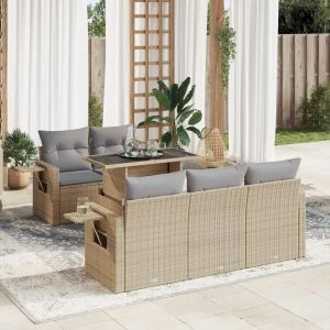 Salon De Jardin Avec Coussins 6 Pcs Beige Résine Tressée - Neuf
